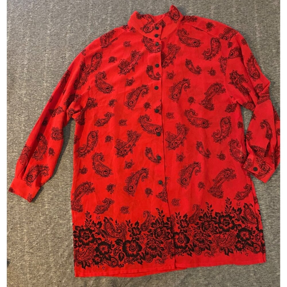 Vintage Lizsport Red Paisley Button Tunic Shirt Womens Large Mandarin Collar - Picture 2 of 6